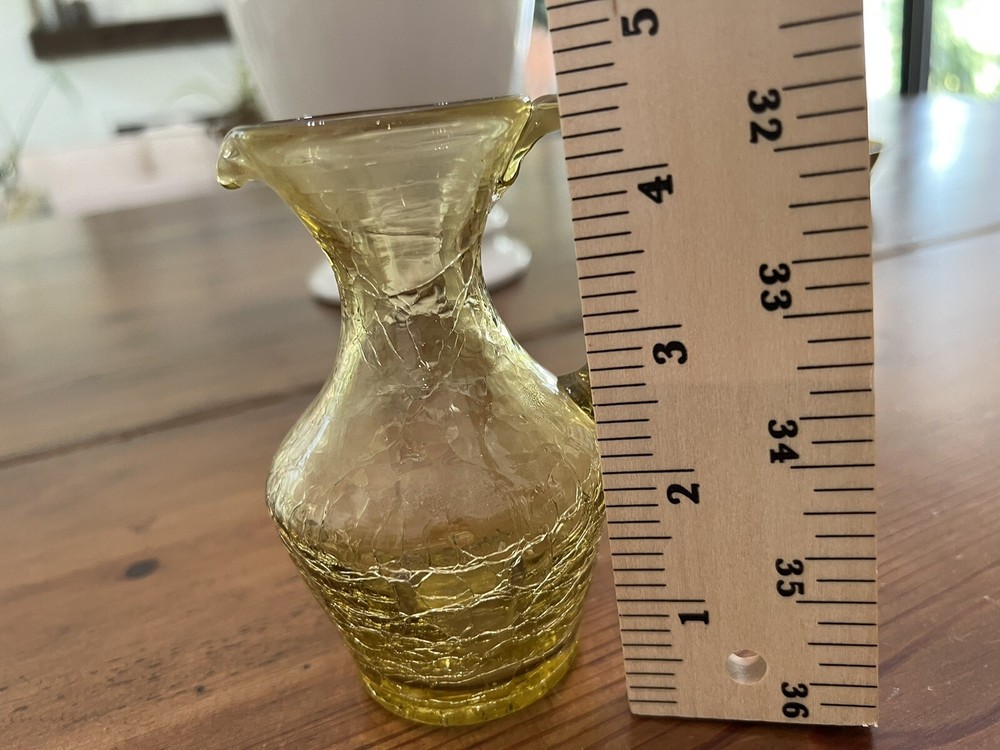 vintage hand blown Art Crackle Yellow Small Pitcher With Applied Handle