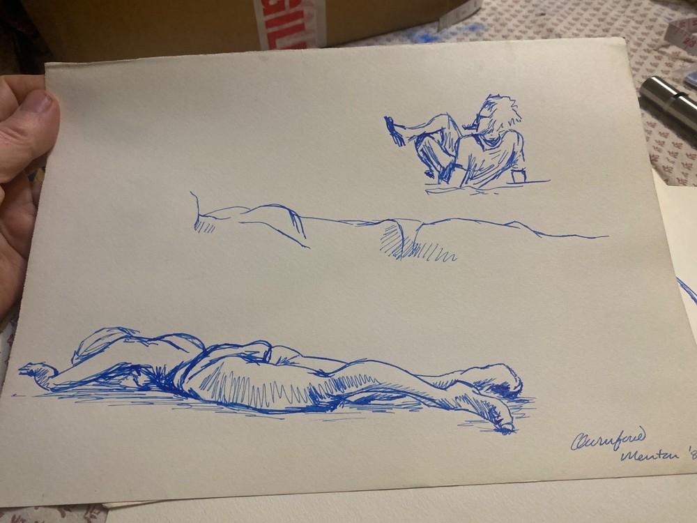 3 Blue ink sketches, 30x20cm