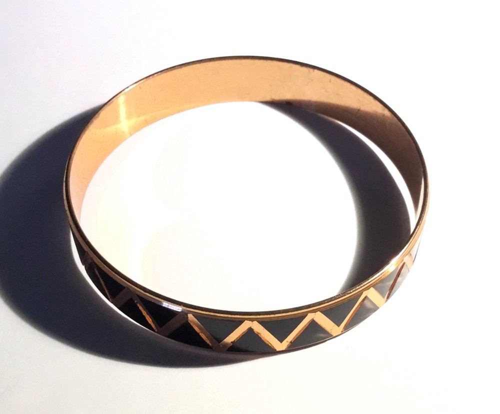 Modernist c1960 Copper Bangle Bracelet, Black Enamel Triangles