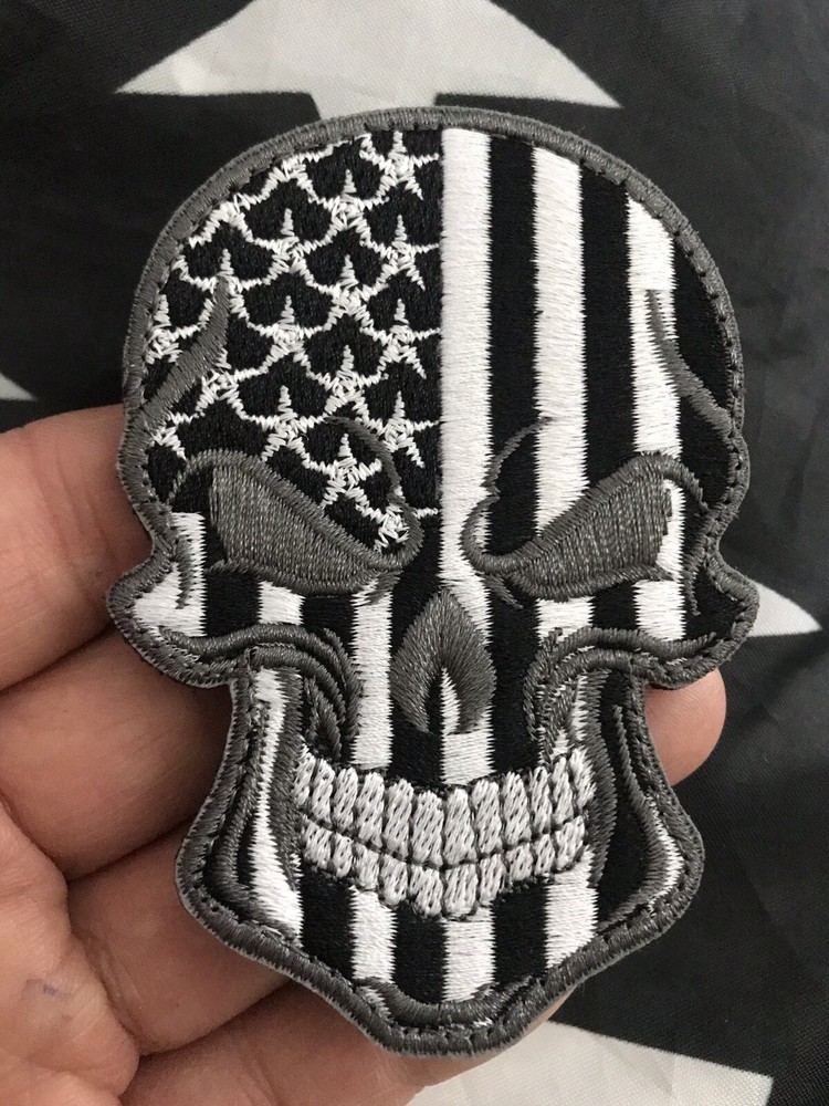 SILVER USA SKULL Embroider American Flag Hook/Loop Patch