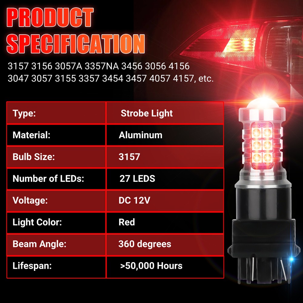 4x 3157 LED Red Strobe Flash Brake Stop Bulbs Tail Blinking Light Safety Warning