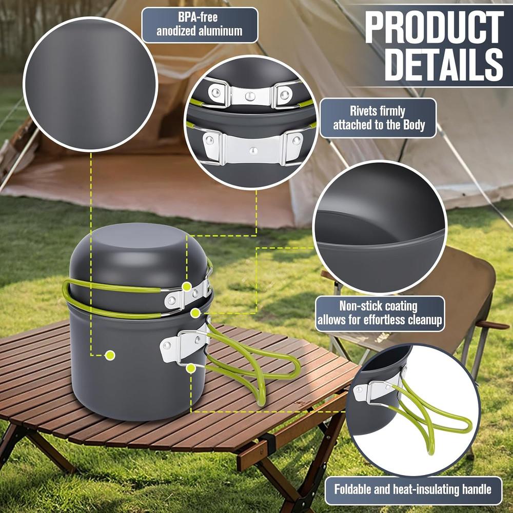 Camping Cookware Set, 16Pcs Lightweight Backpacking Mess Kit with Camping Pots a