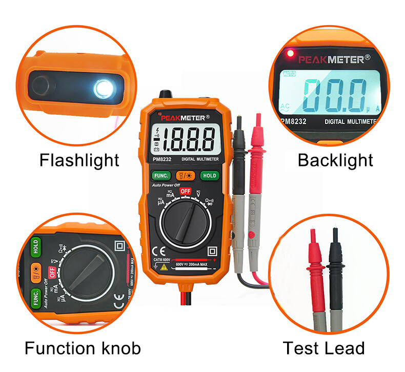 PEAKMETER PM8232 Mini Digital Multimeter NCV AC DC Current Voltage Test Flashlit