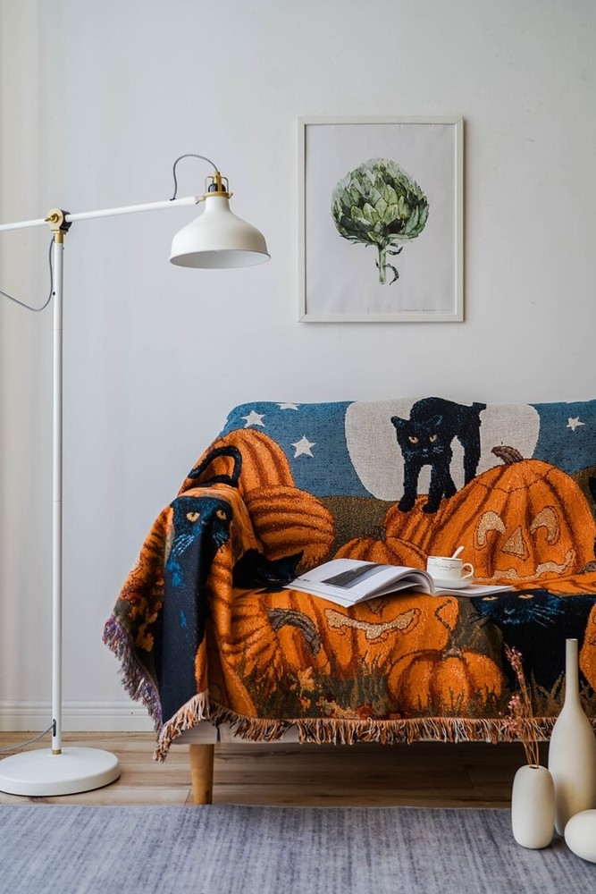 Halloween Pumpkin Black Cat Cotton and Polyester Blanket Throw