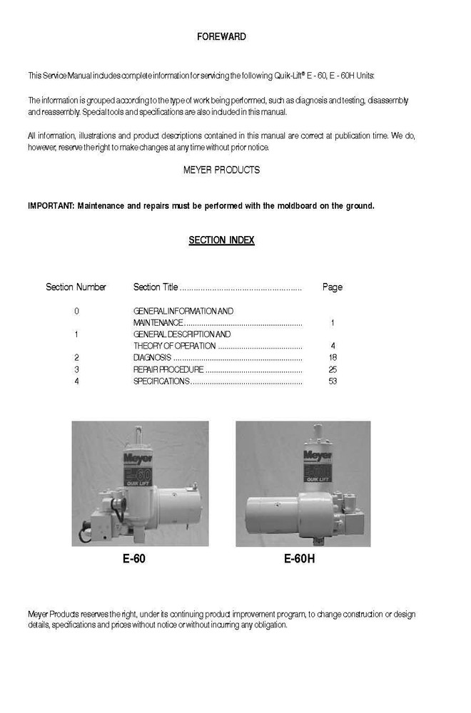 Service Manual E-60 E-60H Models Meyer Snow Plow Pump E60MP