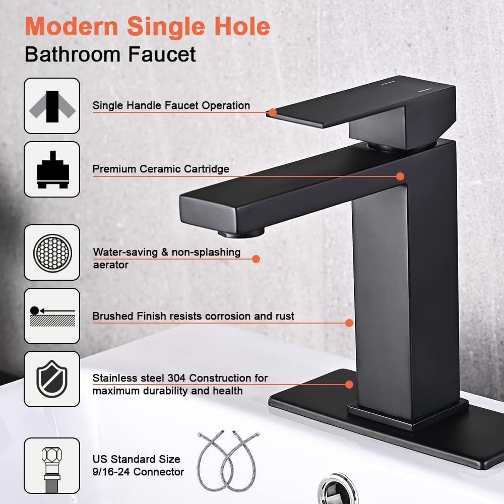 Single Lever Bathroom Sink Tap with Waterfall Design, Black