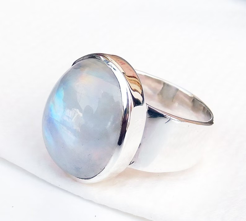 Solid 925 Sterling Silver Natural Rainbow Moonstone Large Oval Blue Flash Ring