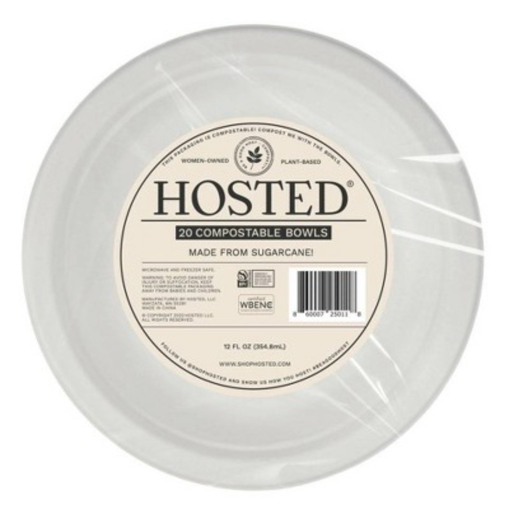 Hosted Compostable Sugarcane Bowls - White - 12oz/20ct
