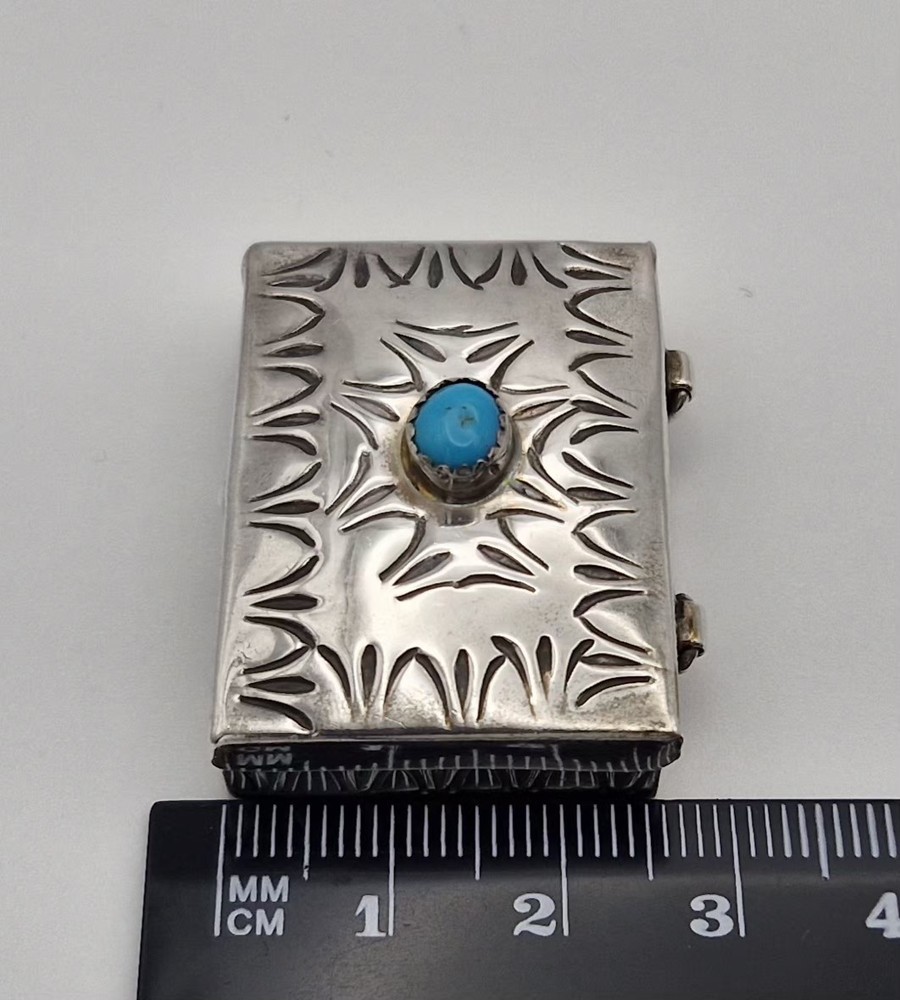 Vintage Sterling Silver Pill Box Rectangular Engraved Blue Turquoise 14.3g