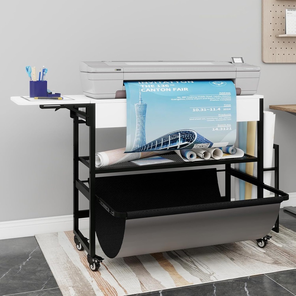 Wide Format Printer Stand with Laptop Station, Plotter Workbench Table with Pull
