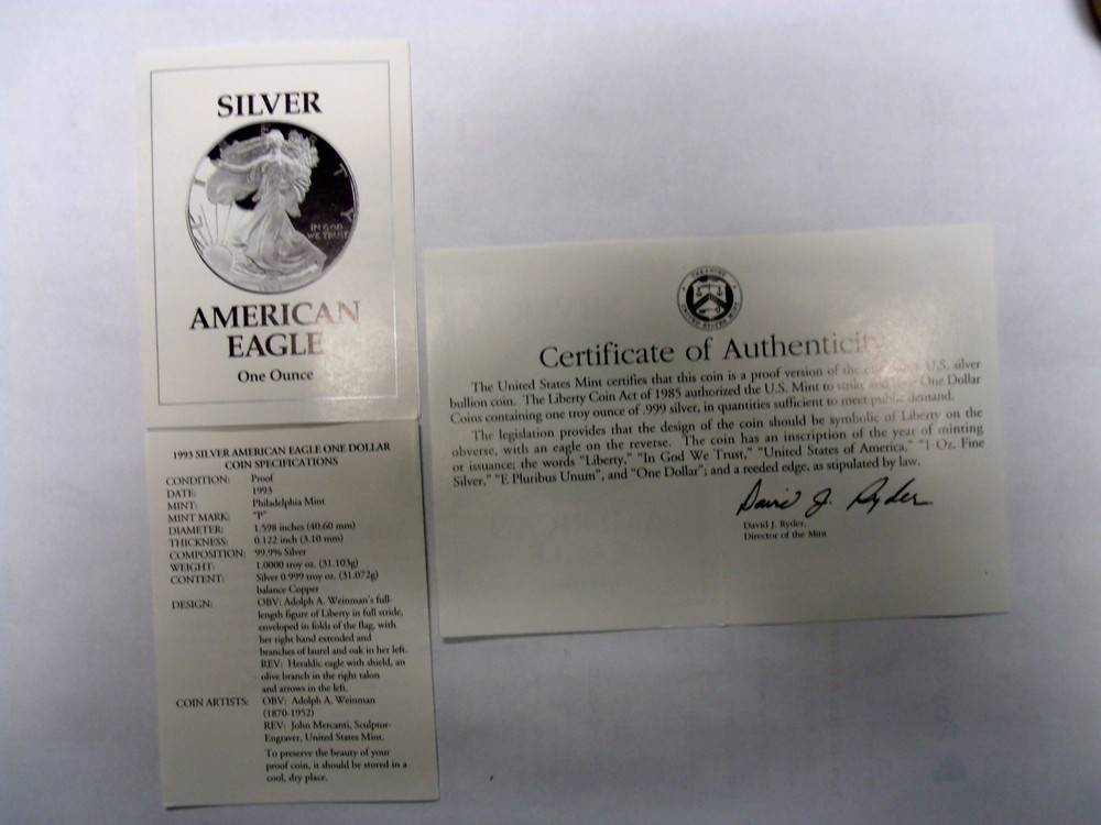 1993 Sliver Eagle Proof COA ONLY NO COIN
