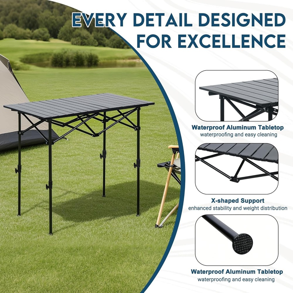 Folding Camping Table Adjustable Height Aluminum Camp Table W/ Roll Up Top