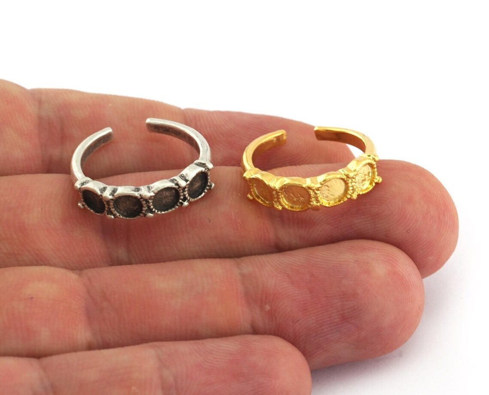 Multi Blank Bezel Ring Base Adjustable Antique Silver Raw Brass, Shiny gold 2690