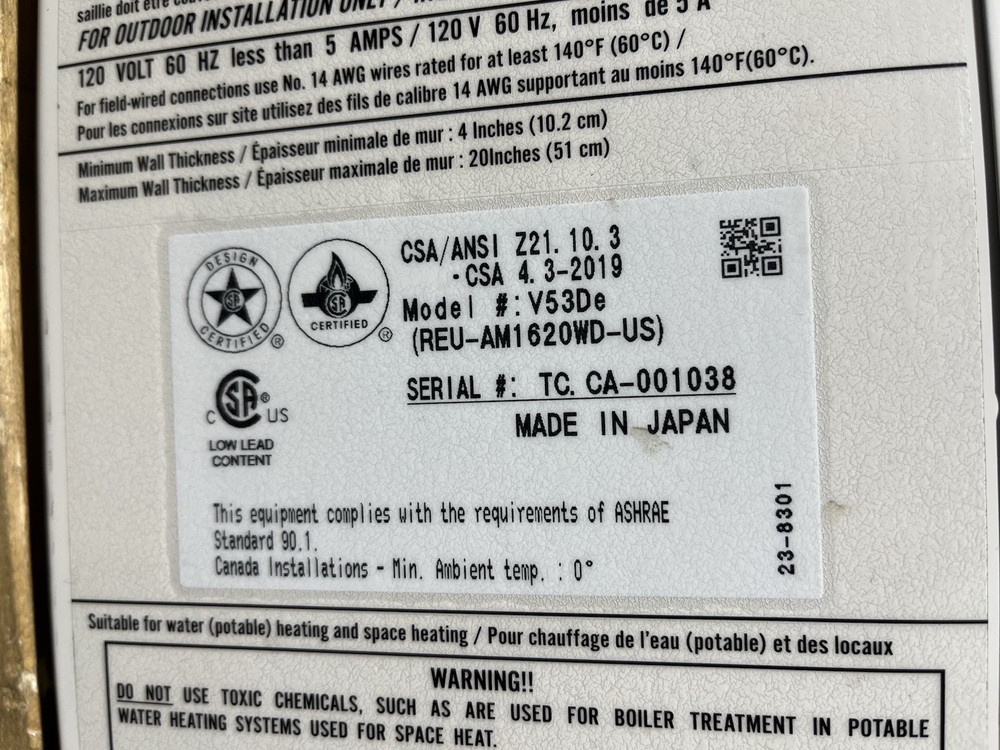 Rinnai V53DeP Outdoor Tankless Water Heater 120k BTU Propane Gas (B-18 #1545)