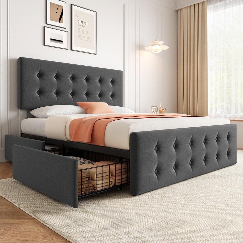 Full Size Bed Frame ,Modern Linen Upholstered Platform w/4 Storage Drawers Gray