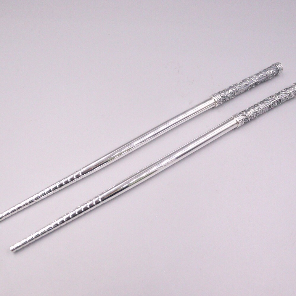 Real 999 Silver Chopsticks Home Tableware 吉祥 Luck Pattern Chopsticks 7.87''L