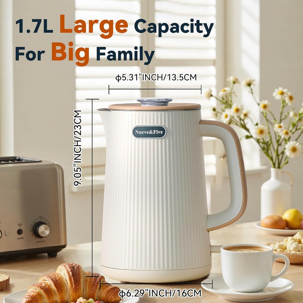 Nueve&Five 1.7L Large Electric Kettle,Double Wall Big Tea White