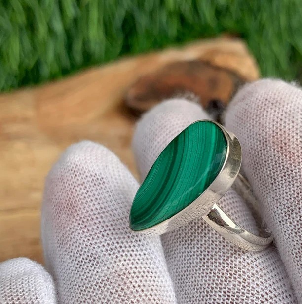 Solid 925Sterling Silver Natural Malachite Pear Gemstone Statement Handmade Ring