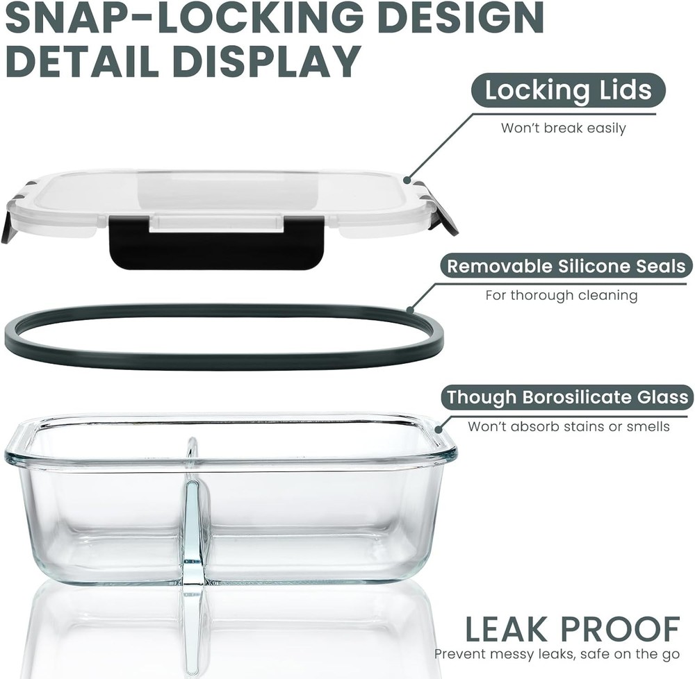 5-Pack,36 Oz Glass Meal Prep Containers 2 Compartments Portion