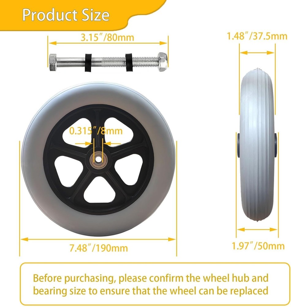 2 PCS 8 x 1.5 Inch Solid Replacement Wheels for Rollator Walker Folding Hand ...