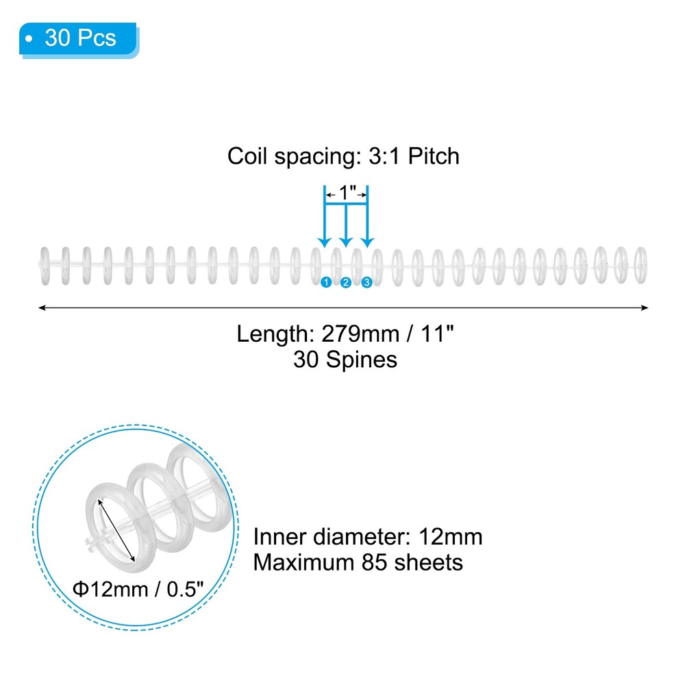 12mm(1/2") Spiral Binding Coils, 30 Pcs Spirals 85 Sheet, Clear