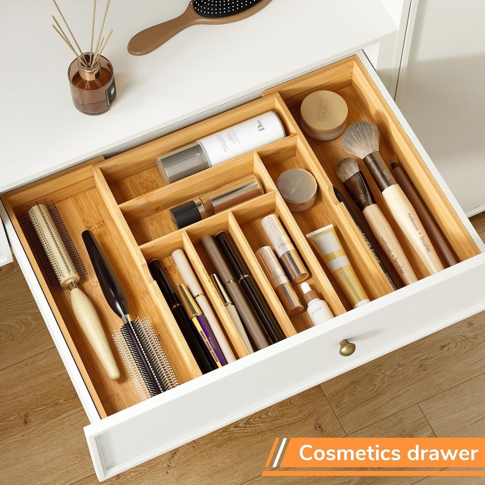 Elegant Bamboo Silverware Organizer - 3" Deep, 8-Cmp Multi-Functional Design