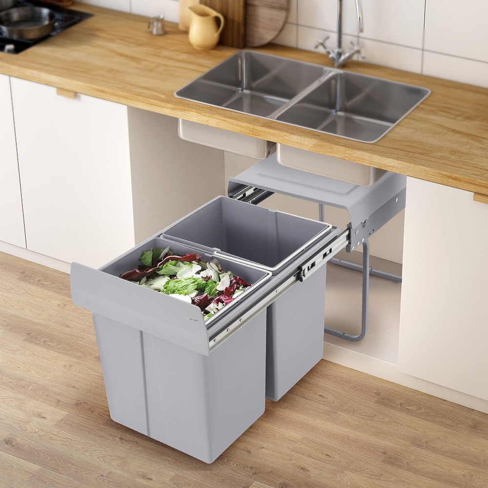 40L Kitchen Waste Bin Pullout Garbage Trash Can Double Pull-Out Trash Can Grey