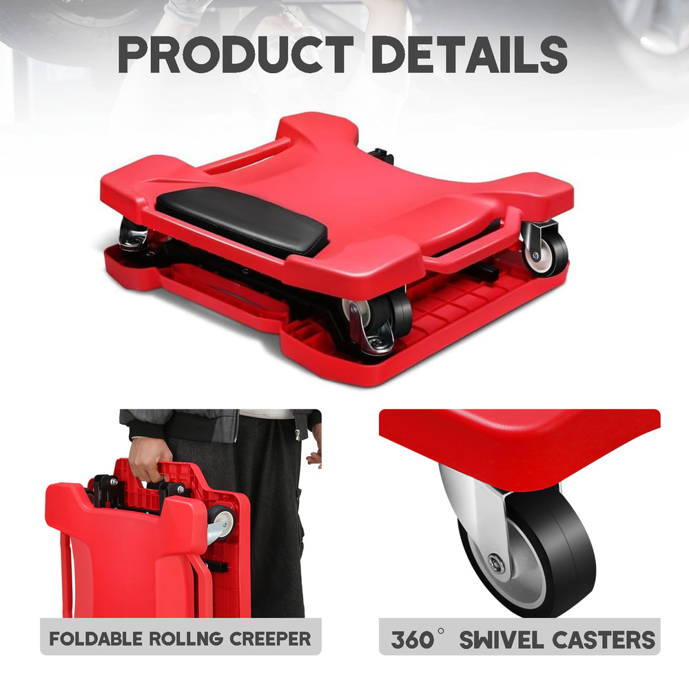41" FOLDABLE LOW PROFILE ROLLING CREEPER WITH DUAL TOOL TRAYS PADDED HEADREST