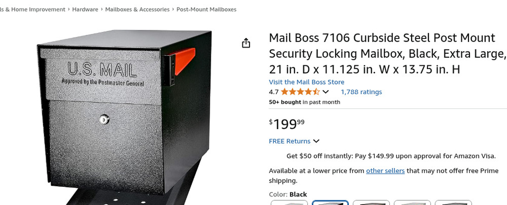 Mail Boss 7106 Curbside Security Locking Mailbox - Black