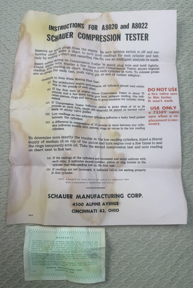 Vintage Schauer Compression Tester Untested, Original Box And Paperwork