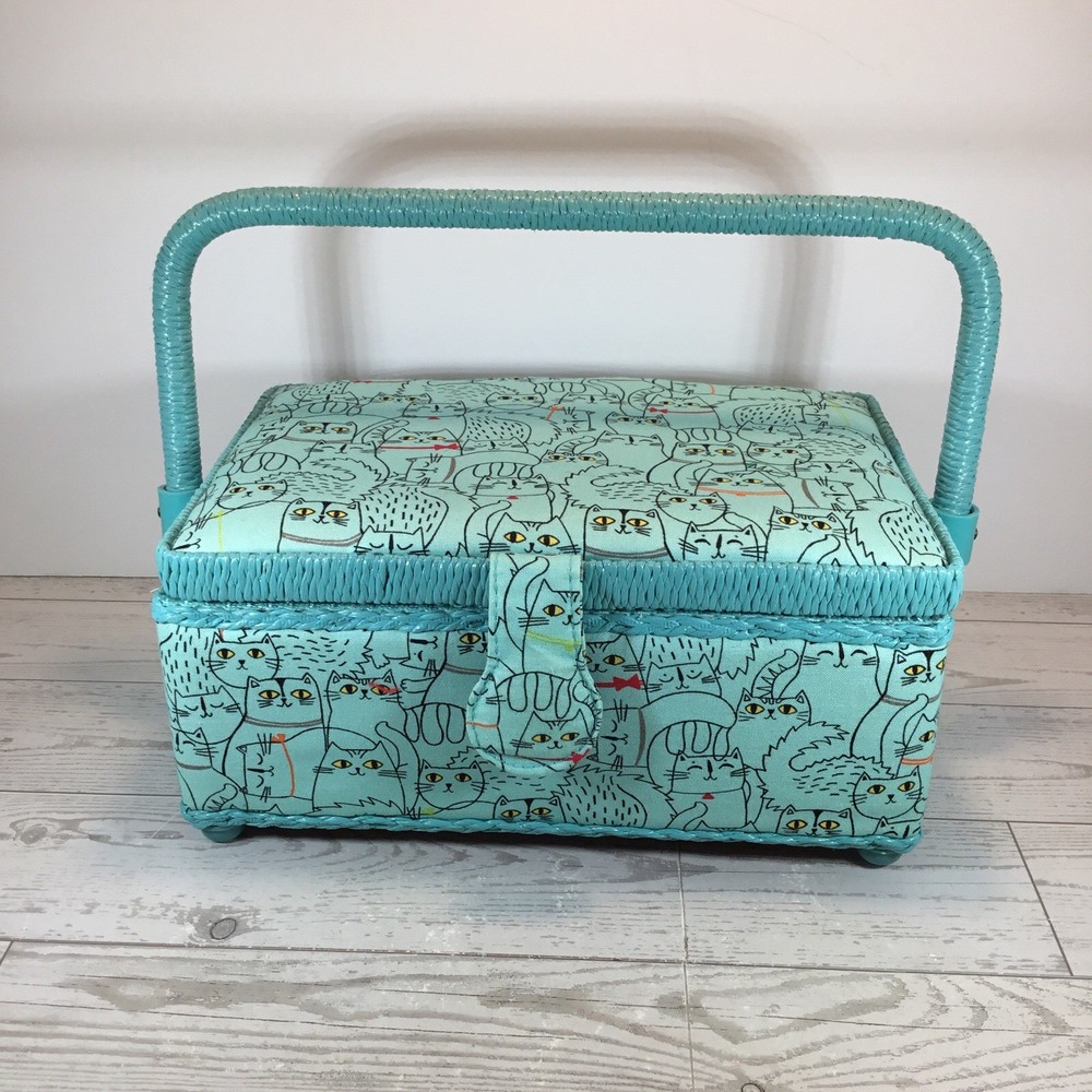 Sewing Box/Basket Light Blue With Cat Print