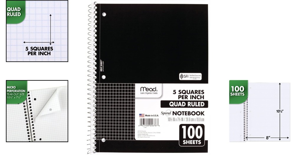 Graph Ruled 1 Subject Notebook, 100 Sheets, 3-Hole Punched, Ideal for Binders
