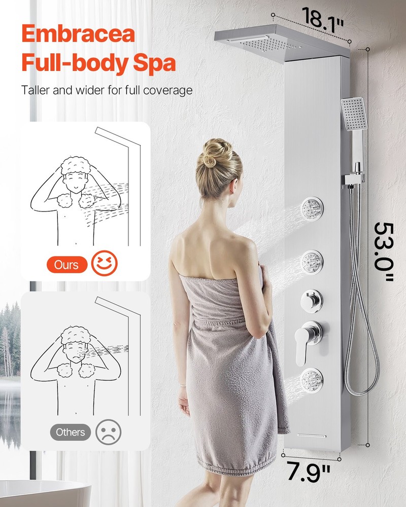 VEVOR Shower Panel Tower System Stainless Steel Column Rainfall Head Massage Jet