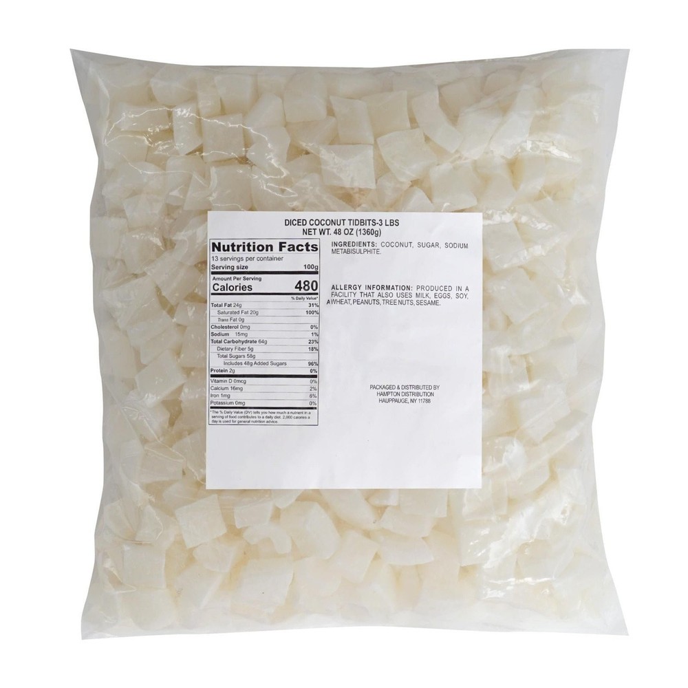 Diced Coconut Tidbits, 2 Pound Bulk Bag, Dried Coconut, Hampton Distribution