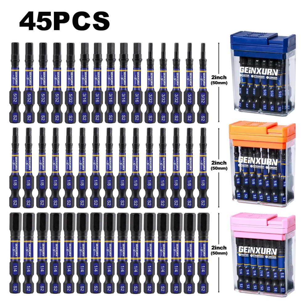 Geinxurn Impact Hex Screwdriver Bits Set,45 Pcs 2" Magnetic 2''-45PCS, Hex-s