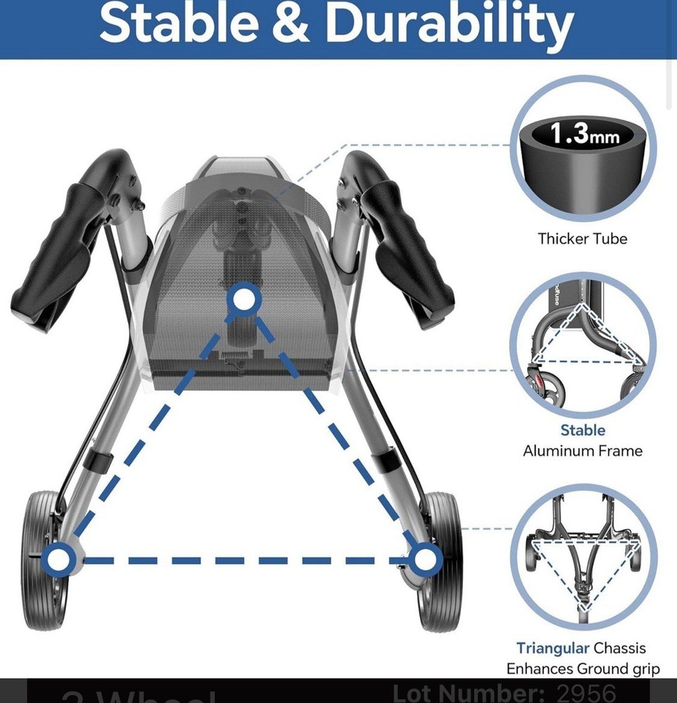 Soundfuse 3 Wheeled Walker. Adjustable, Lightweight, Foldable, New Black