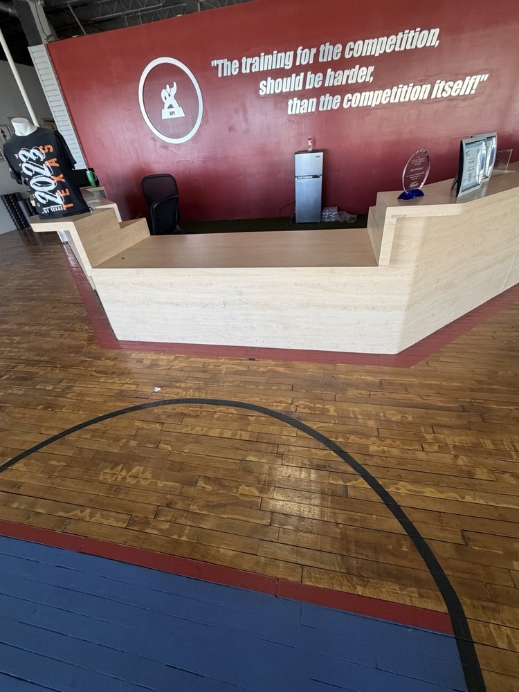 Light Wood Reception Desk with Open Storage, Multiple Workstations