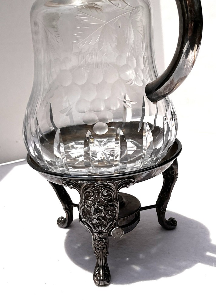 Vintage Cut Glass Pitcher Silverplate Stand Burner Grapes Pattern 11” Great