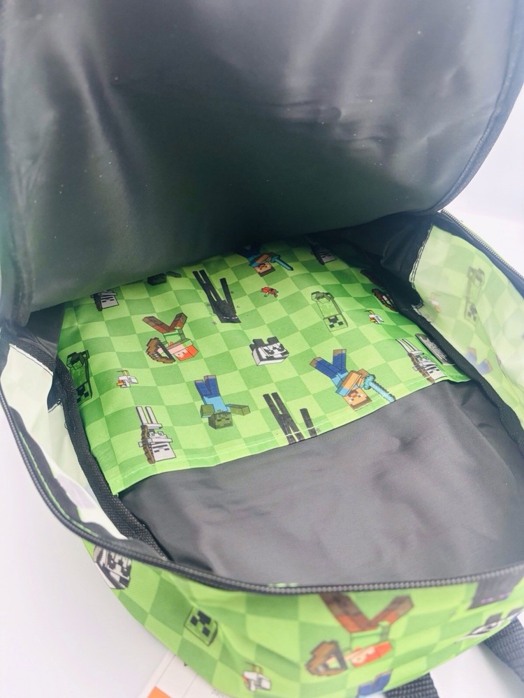 MINECRAFT ( 16"X12"x5" ) Backpack Black & Green Adjustable Straps E2-090