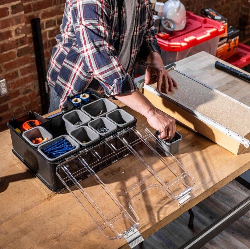 Double-Sided Organizer Tool Box Clear/Black Plastic with Carry Handle