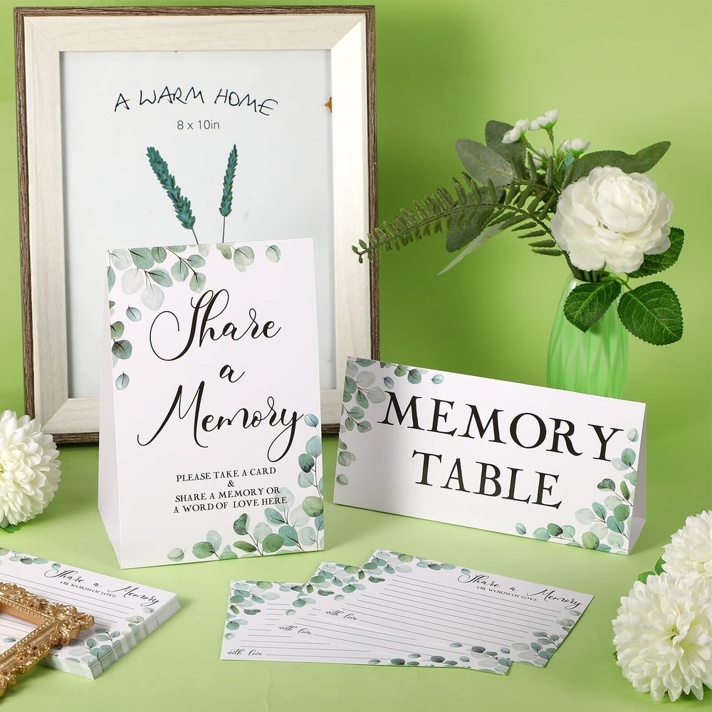 52 Pcs Greenery Eucalyptus Share a Memory Cards and Memory Table Signs Greene...