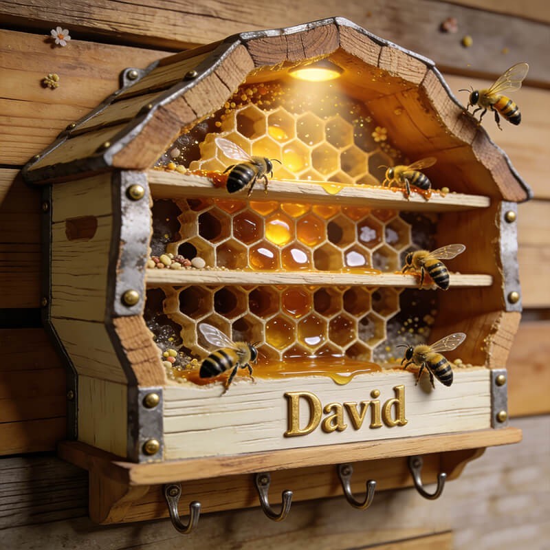Personalized Bee Hive Key Holder, Honeycomb Wall Hook Rack Rustic Gift
