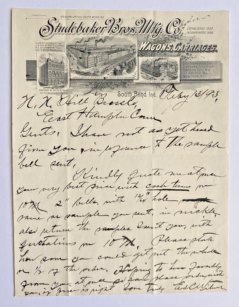Studebaker South Bend 1893 Letterhead Auto Transportation Illustrated