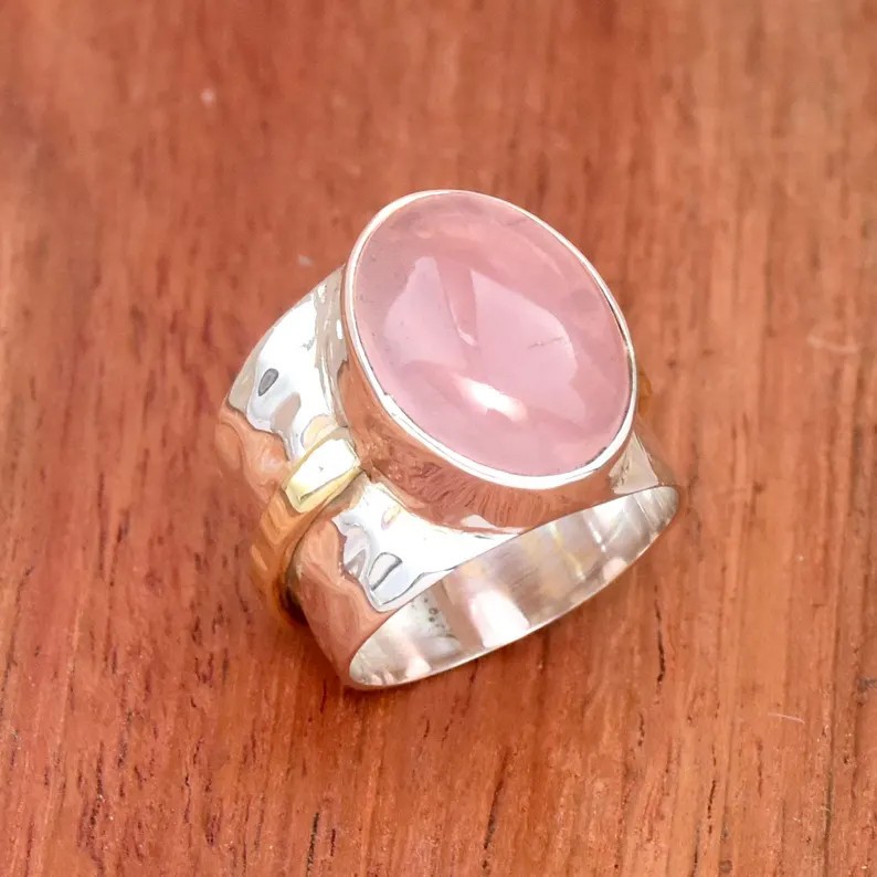 Solid 925 Sterling Silver Rose Quartz Oval Gemstone Hammered Wide Band Ring