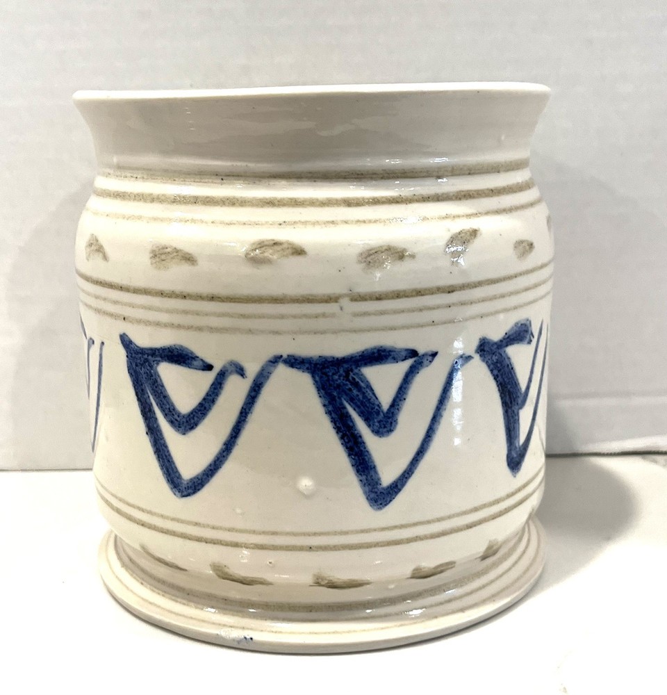 Hand Thrown Studio Pottery Footed Planter Blue White Ceramic Rustic Farmhouse 6"