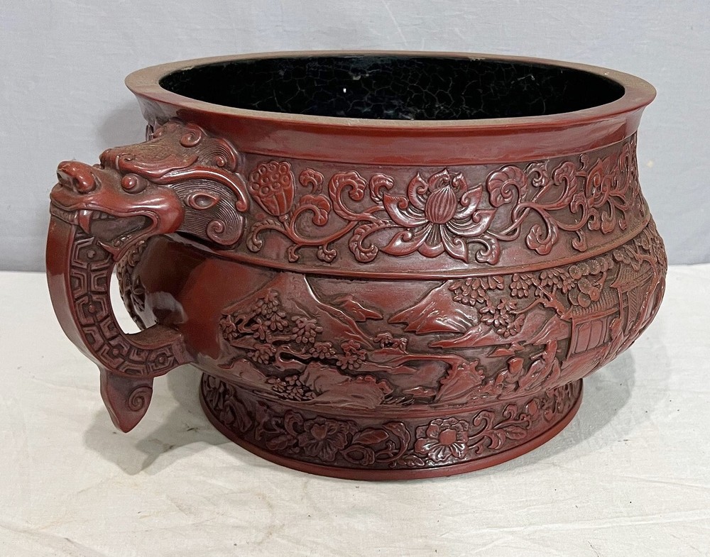 Large Modern Chinese Red Lacquerware Incense Burner With Mark M4010