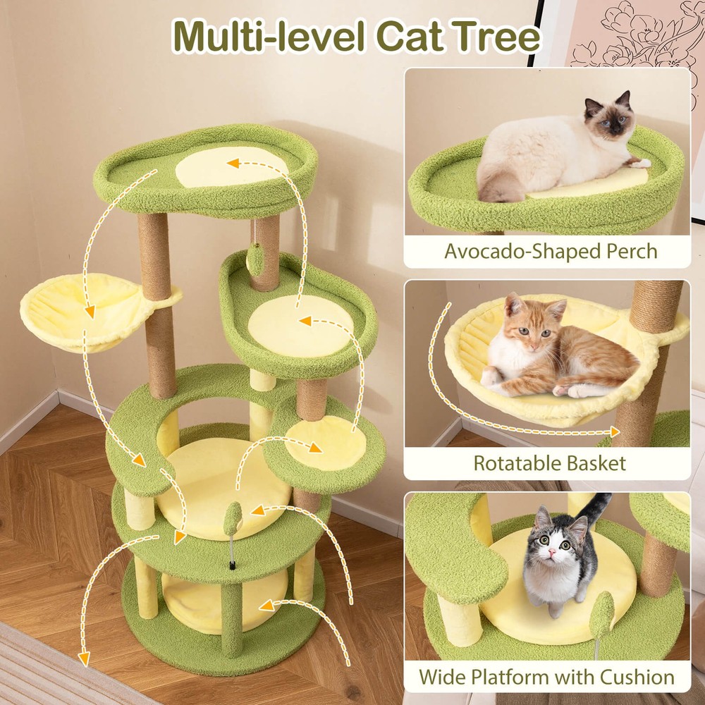 Multi-level Cat Tree w/ Wide Perch Rotatable Basket Removable Soft Cushions