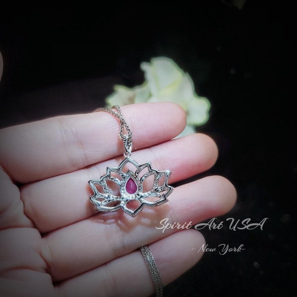 Ruby Necklace - Gemstone Lotus Flower Ruby Pendant - White gold @ Sterling