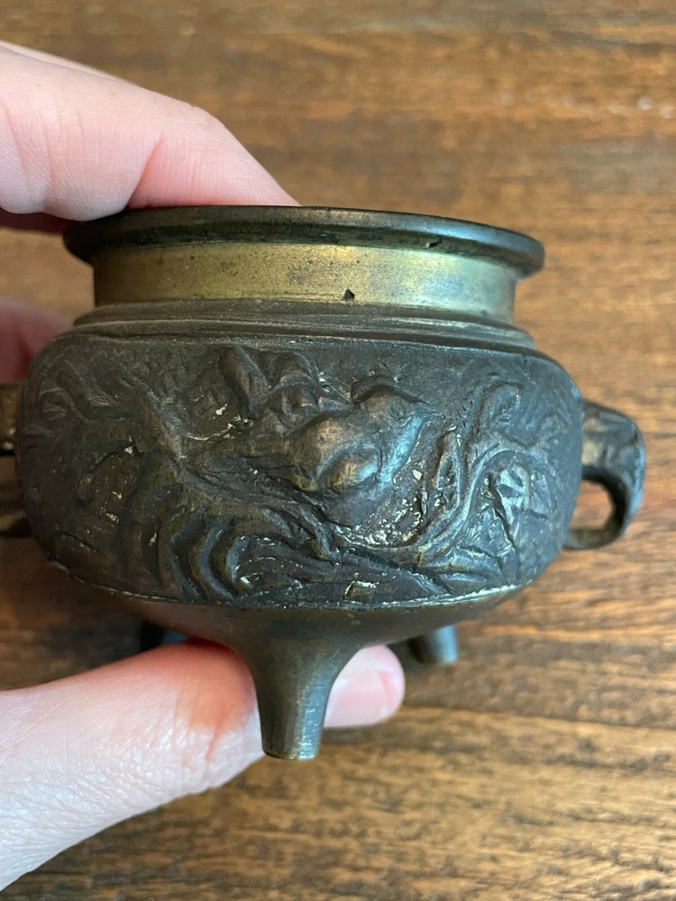 Foo Dog Incense Pot Brass with Elephant Handles