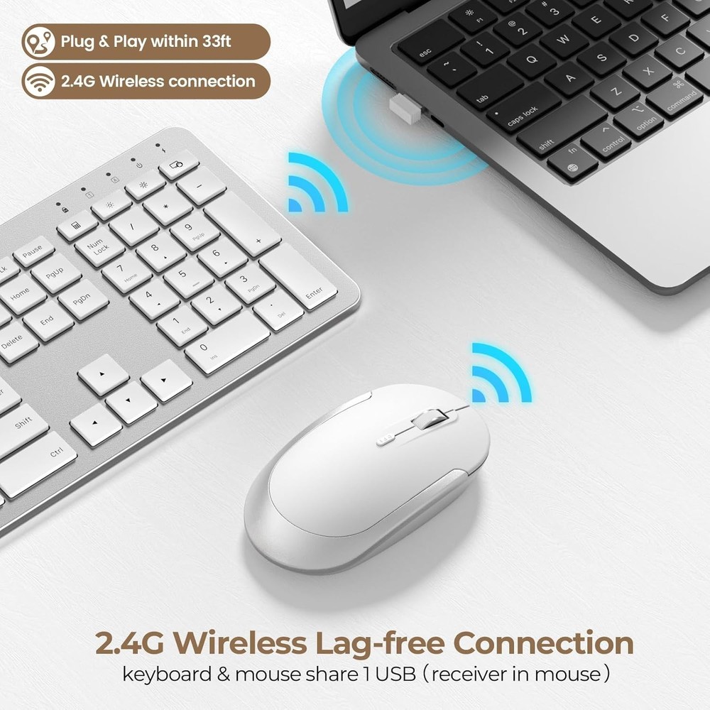 Rechargeable Full-Size Wireless Keyboard and Mouse - Modern Silver & White Combo